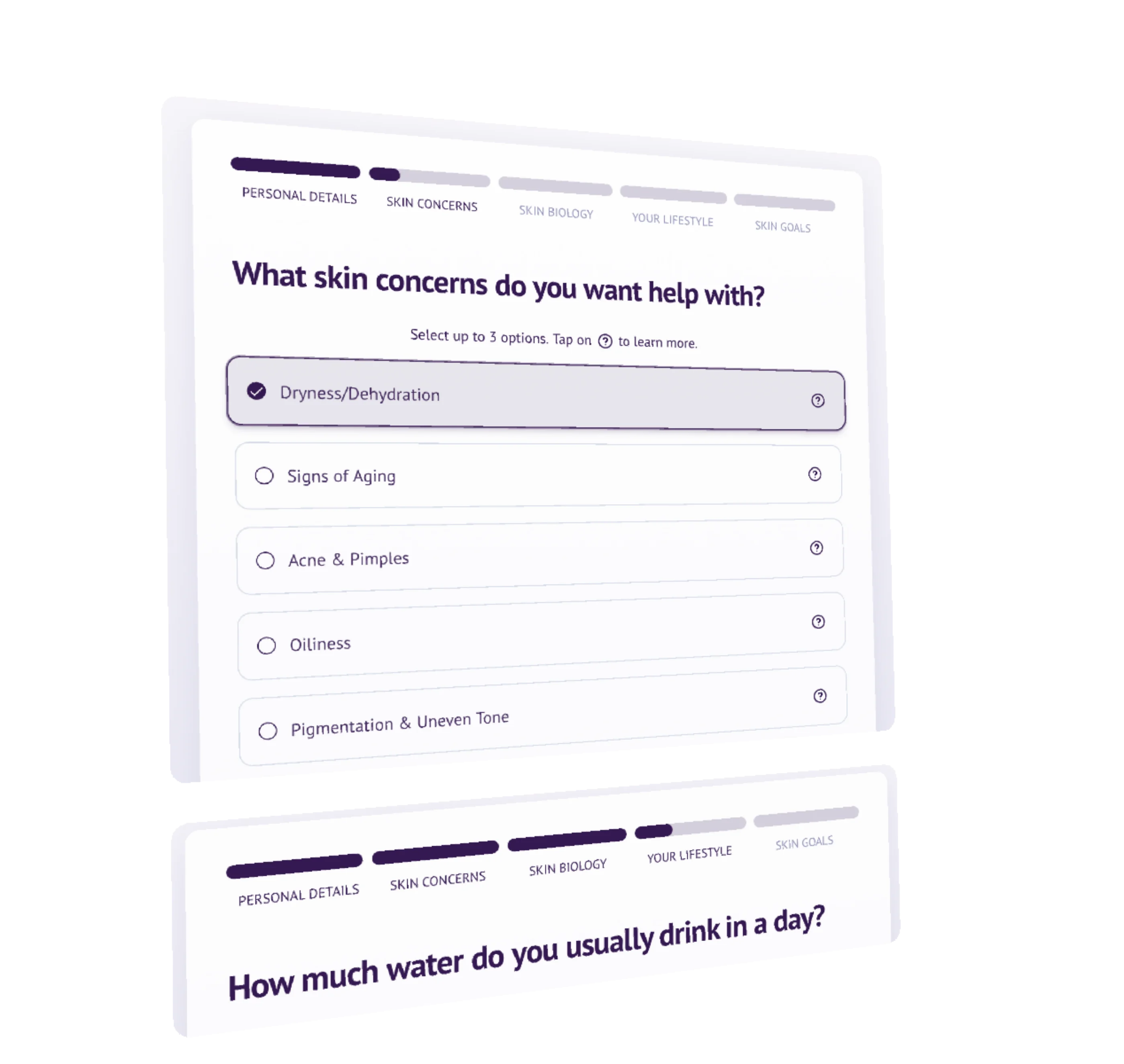 Crea8 skincare quiz interface showing personalized skin analysis questions